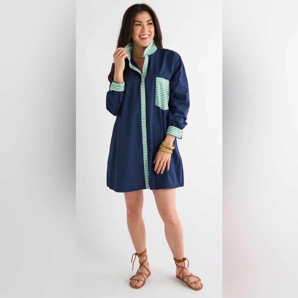 Caryn Lawn Lindsey Dress Navy Green White Trim One Size Fit Pockets Preppy
